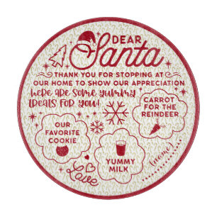 Dear Santa Cookie & Milk round tray red text 1 Cutting Board