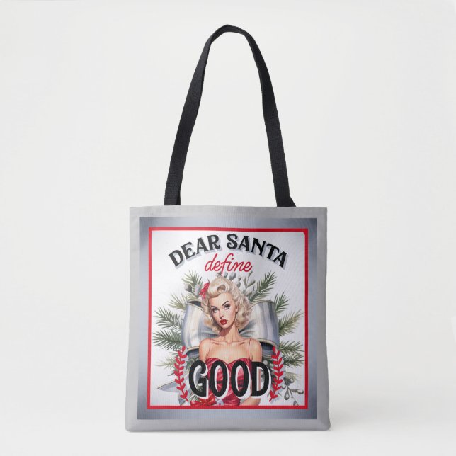 Dear Santa Define Good Retro Pinup Tote Bag (Front)