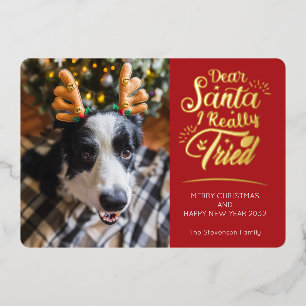 Dear Santa I tried dog 3 photos fun Christmas Foil Holiday Card
