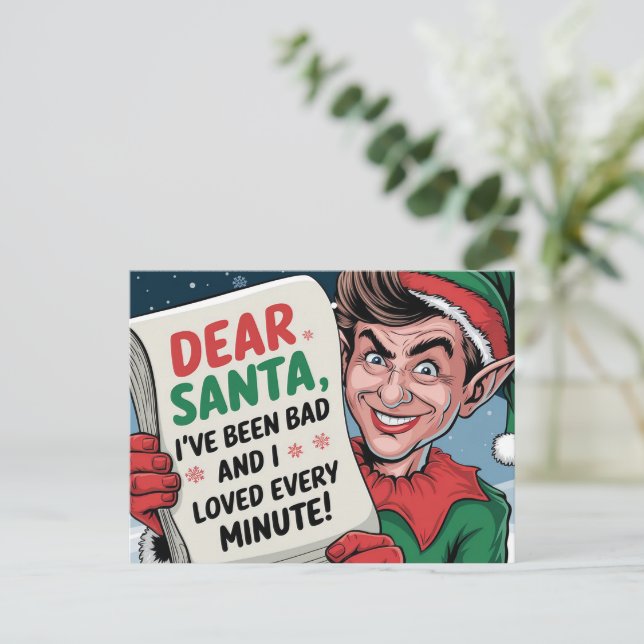 Dear Santa, I've Been Bad Christmas Elf Fun Design Postcard (Standing Front)