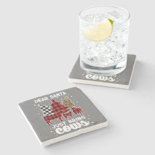 Dear Santa Just Bring Cows Christmas Buffalo Plaid Stone Coaster