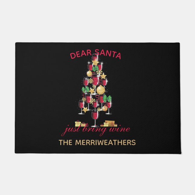 Dear Santa Wine Christmas Tree Illustration Doormat (Front)