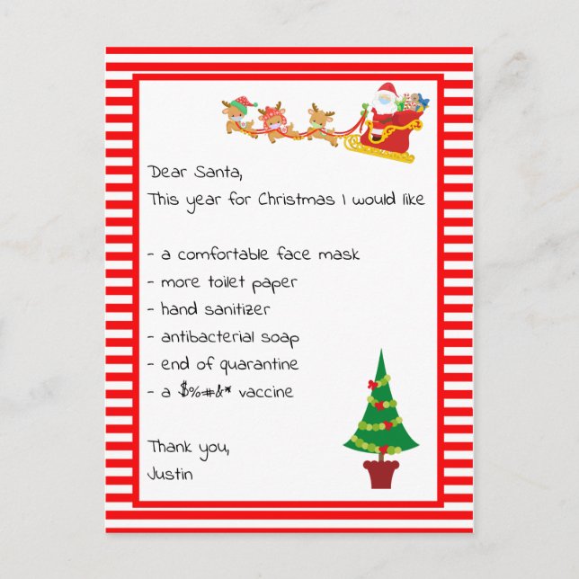 Dear Santa Wish List  Covid Quarantine Postcard (Front)