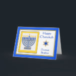 Dearest Brother Chanukah Contemporary Menorah Card<br><div class="desc">Happy Chanukah Dearest Brother,  contemporary menorah with blue candles,  paper greeting card. Digital illustration with a lit menorah and a Star of David. Art,  image,  and verse copyright © Shoaff Ballanger Studios,  2024.</div>