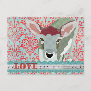 Dearly Deer Red & Turqoise Love  Damask  Postcard