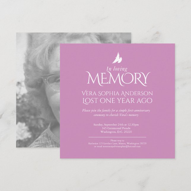 Death Anniversary white dove pink white photo Invitation (Front/Back)