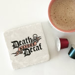 Death Before Decaf Cute Skull Typography Stone Coaster<br><div class="desc">Rest your morning joe on our adorable coffee themed stone coaster! Super cute, funny typography design makes a great stocking stuffer or sweet gift for any coffee lover. Design features "Death Before Decaf" in black gothic style typography with a cute skull and crossbones illustration and a peachy pink ribbon banner....</div>