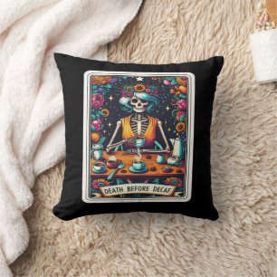 Death Before Decaf Tarot Card Collection Throw Pillow