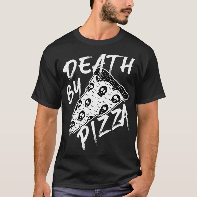 Death by Pizza  Pepperoni Skulls Metal Text Hallow T-Shirt (Front)