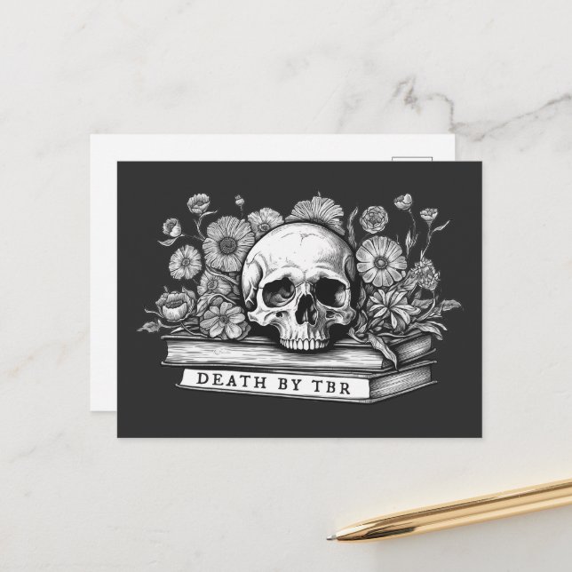 Death by tbr skull and books  postcard (Front/Back In Situ)