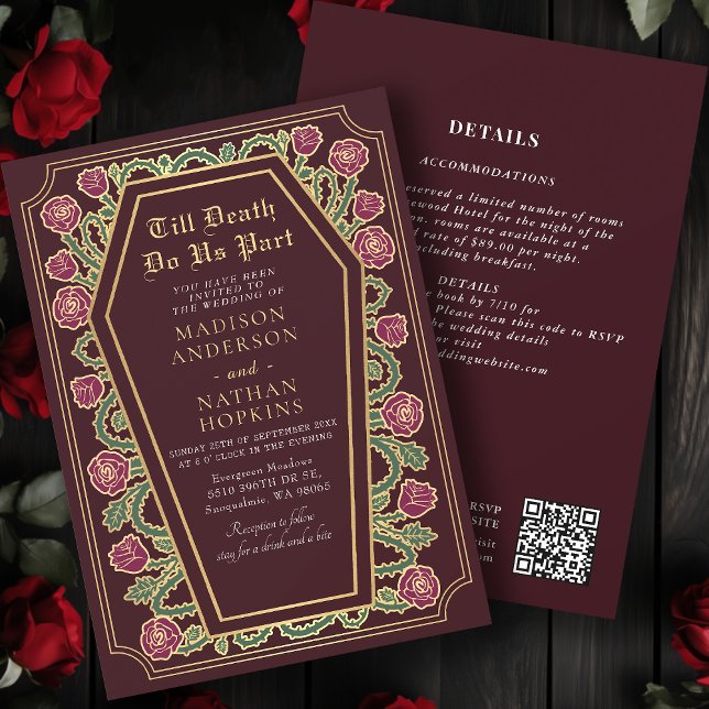 Death Do Us Part Gold Red Gothic Wedding QR Code Invitation (Creator Uploaded)