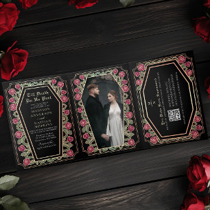 Death Do Us Part Rose Black Gothic Wedding QR Code Tri-Fold Invitation