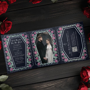 Death Do Us Part Rose Blue Gothic Wedding QR Code Tri-Fold Invitation