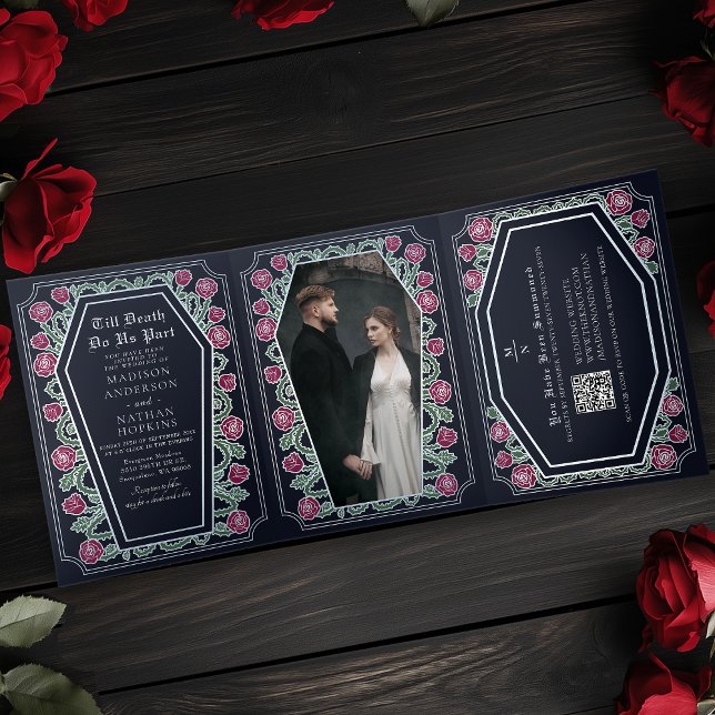 Death Do Us Part Rose Blue Gothic Wedding QR Code Tri-Fold Invitation (Creator Uploaded)