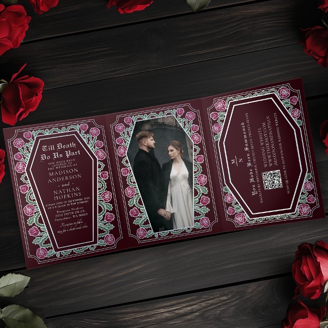 Death Do Us Part Rose Red Gothic Wedding QR Code Tri-Fold Invitation (Creator Uploaded)