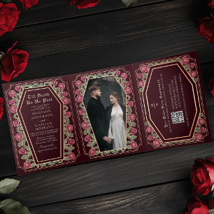 Death Do Us Part Rose Red Gothic Wedding QR Code Tri-Fold Invitation