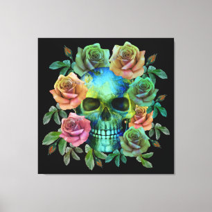 DEATH GREEN SKULL WITH FLOWERS CANVAS PRINT