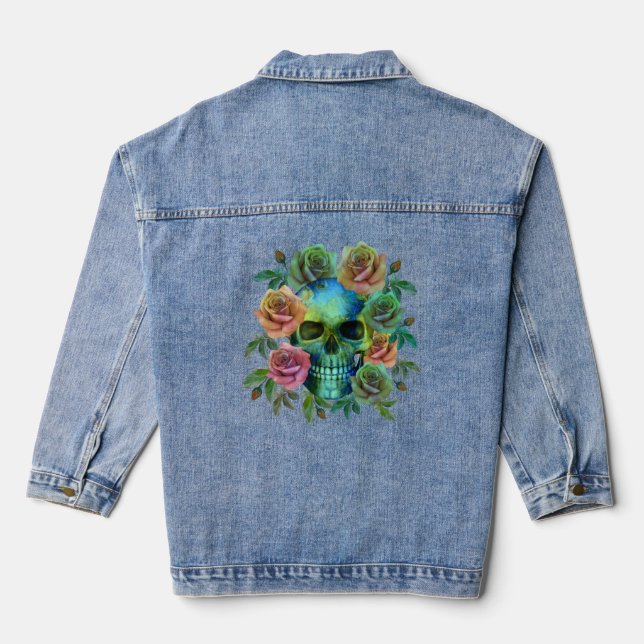 DEATH GREEN SKULL WITH FLOWERS DENIM JACKET (Back)