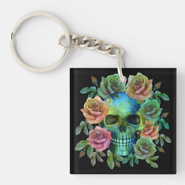 DEATH GREEN SKULL WITH FLOWERS KEYCHAIN (Front)