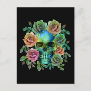 DEATH GREEN SKULL WITH FLOWERS POSTCARD