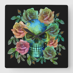 DEATH GREEN SKULL WITH FLOWERS SQUARE WALL CLOCK