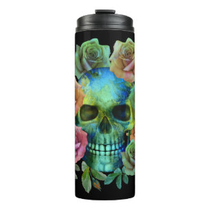 DEATH GREEN SKULL WITH FLOWERS THERMAL TUMBLER