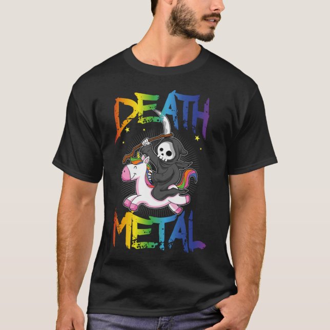 Death Metal Grim Reaper Rides Unicorn Halloween Re T-Shirt (Front)