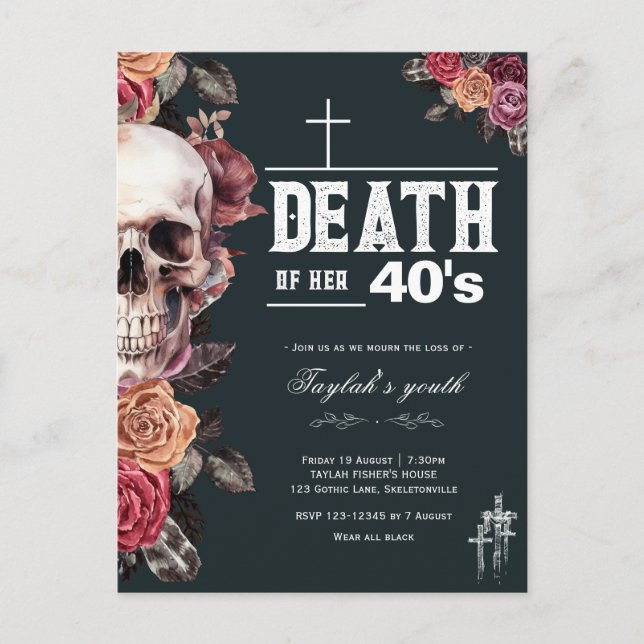 Death of her 40s - 50th birthday invitation postcard (Front)