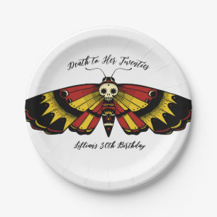 Death to 20s Birthday Moth and Skull Design Paper Plate