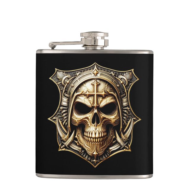 Deathmetal Totenkopf Gold Shield Hip Flask (Front)