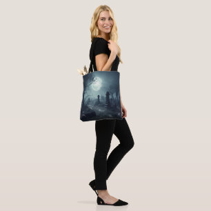 Death's Domain: A Spooky Cemetery View Tote Bag