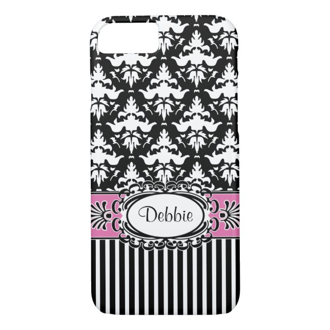 Debbie Does Paris Retro Pink and Black Damask Case-Mate iPhone Case (Back)