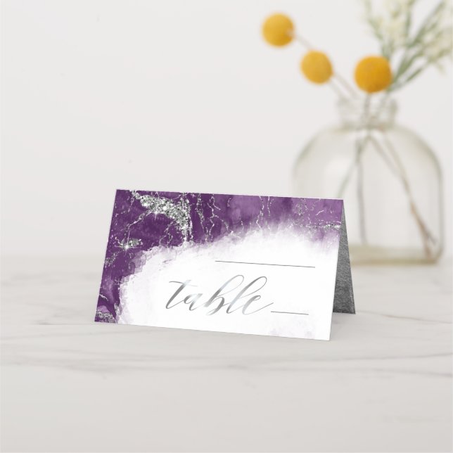Debbie U-W Marble Glitter Wedding Plum Slvr ID644  Place Card (Front)