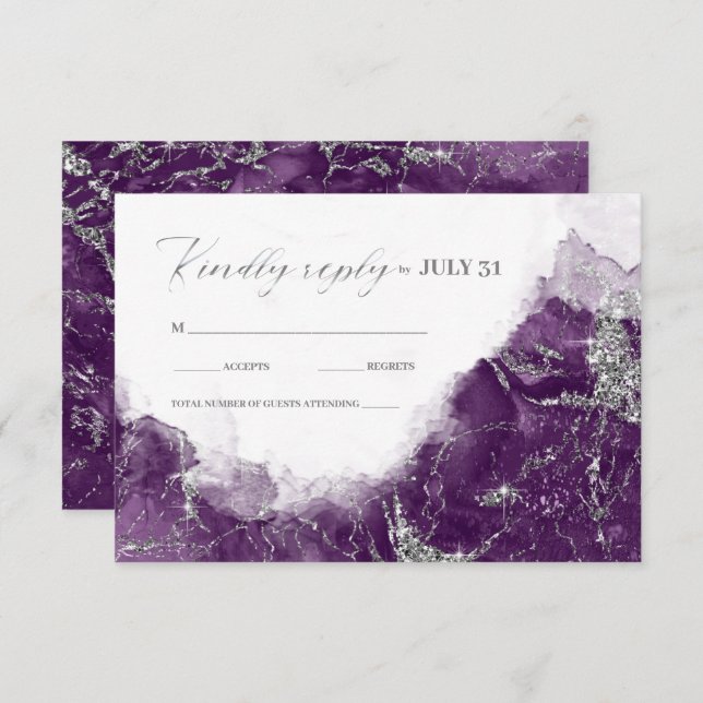 Debbie U-W Marble Glitter Wedding Plum Slvr ID644  RSVP Card (Front/Back)