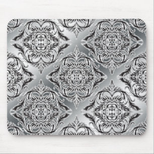 Debonair Damask Black, White, Silver Mouse Pad