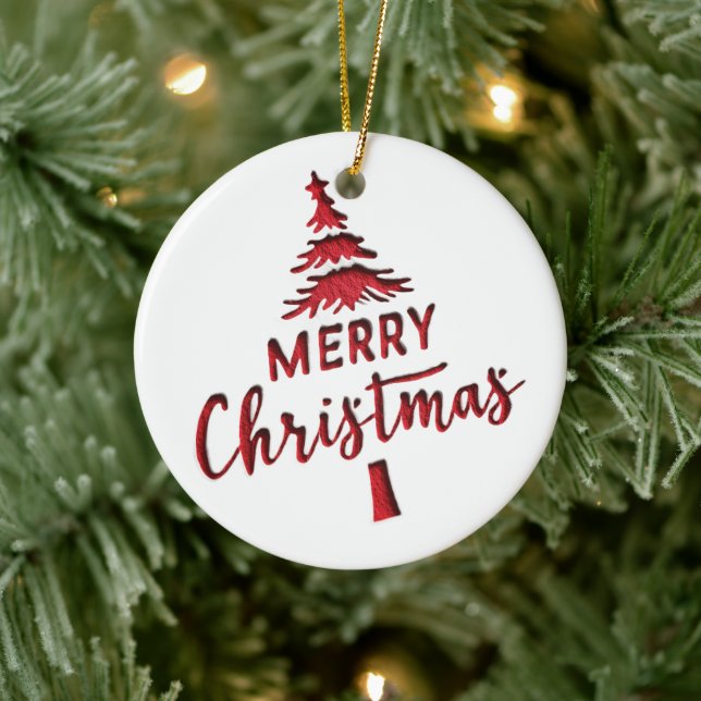 Debossed "Merry Christmas" Tree Text on White  Ceramic Ornament (Tree)