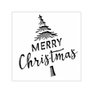 Debossed "Merry Christmas" Tree Text on White  Self-inking Stamp