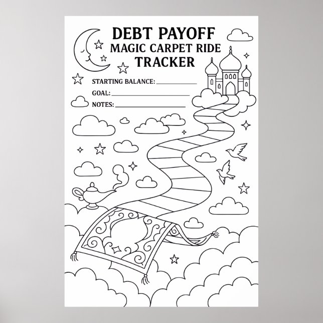 Debt Payoff Magic Carpet Ride Tracker Colouring  Poster (Front)