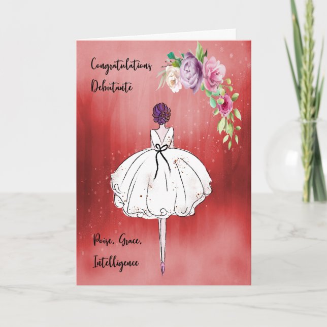 Debutante Congratulations in Red Girl & Flowers Card (Front)