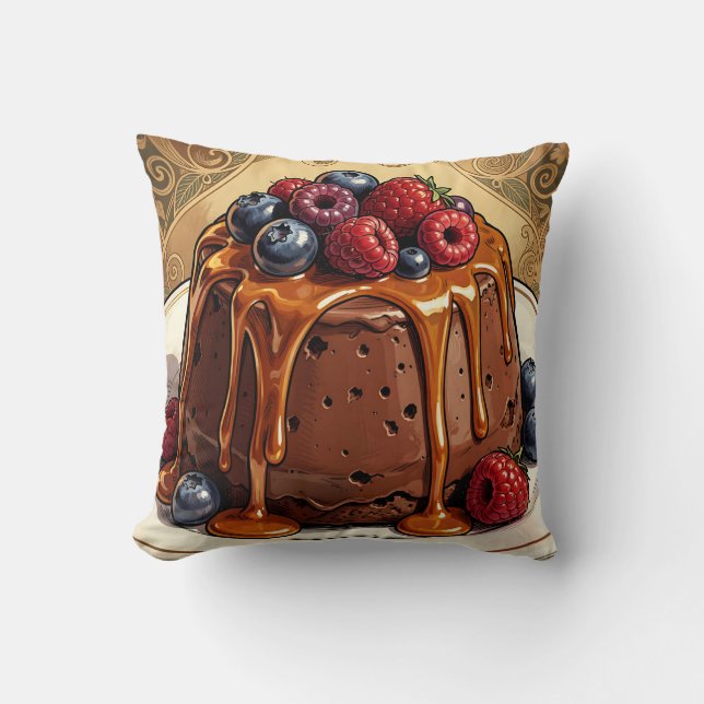 Decadent Chocolate Caramel Berry Cake Throw Pillow (Front)