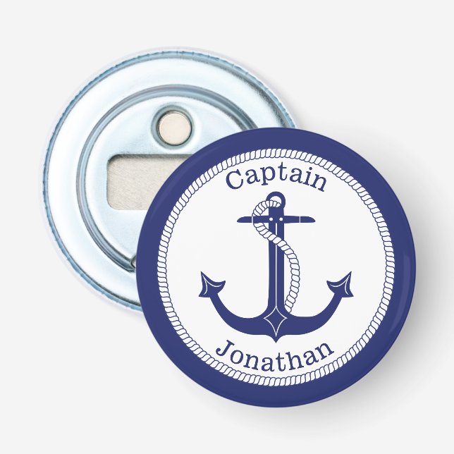 Décapsuleur Ancre nautique Marine Bleu Capitaine Personnalisé (Devant)