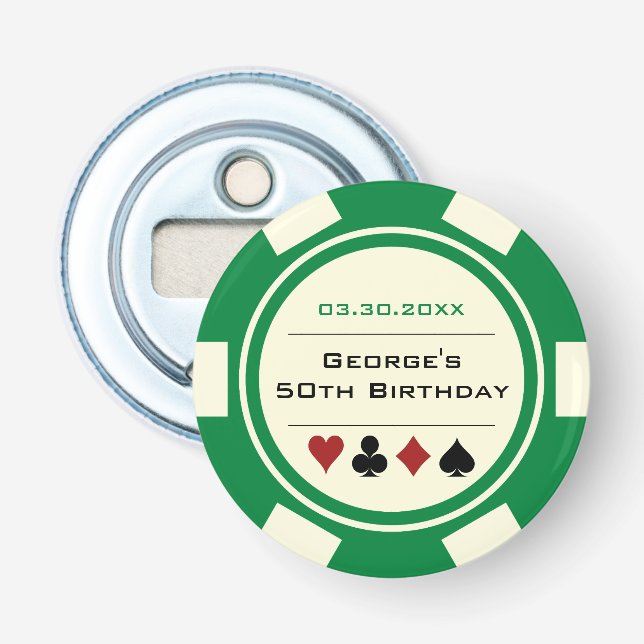 Décapsuleur Anniversaire Poker Chip Casino Thème Green Off Whi (Devant)