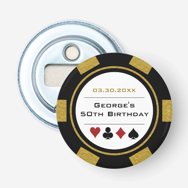 Décapsuleur Anniversaire Poker Chip Casino Thème Or Noir (Devant)