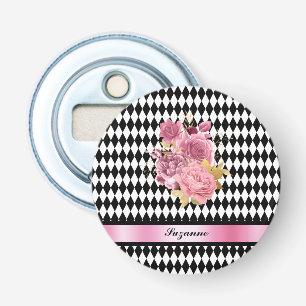 Décapsuleur Arlequin noir blanc avec fleur rose et nom