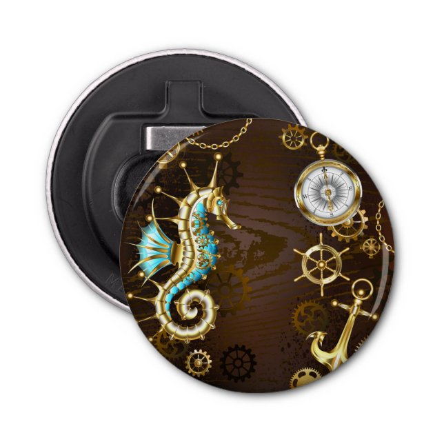 Décapsuleur Arrière - plan en bois avec cheval de mer mécaniqu (Devant)