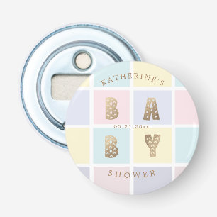 Décapsuleur baby shower doré en bloc couleur pastel