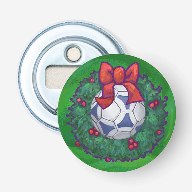Décapsuleur Bal de soccer blanc et bleu sur vert (Devant)