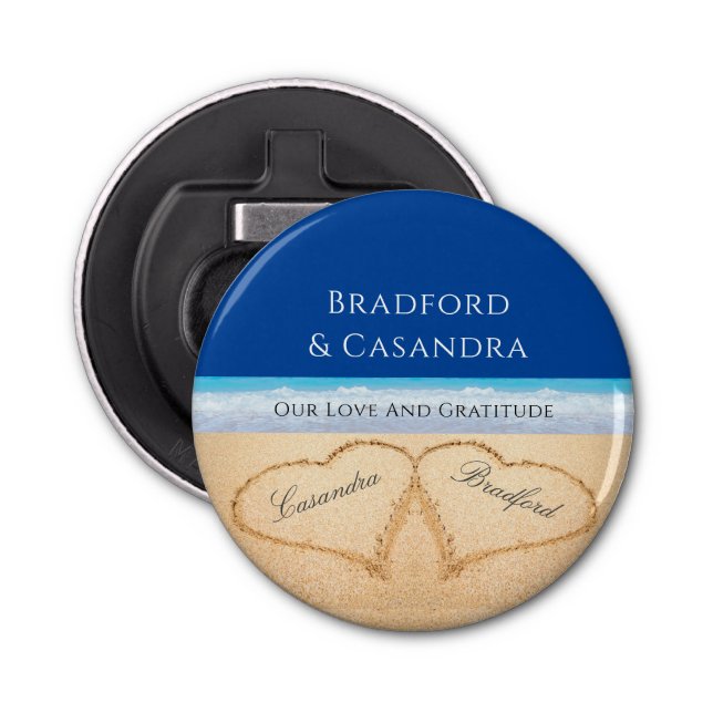 Décapsuleur Bleu foncé Plage Mariage 2 Coeurs dans le sable (Devant)