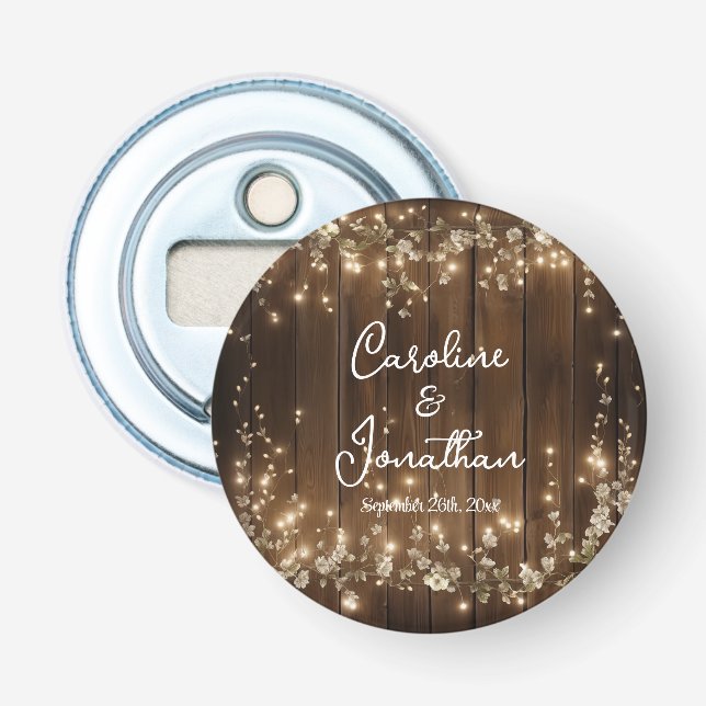 Décapsuleur Bois Rustique Chaîne éclaire Blanc Floral Mariage (Devant)