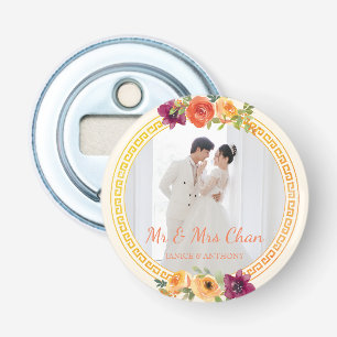 Décapsuleur Cadre floral couple photo mariage beige m & mrs